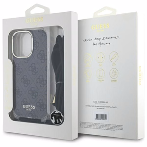 Guess Crossbody Cord 4G Print Suojakuori kaulanauhasolmulla iPhone 16 Pro:lle - Musta
