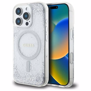 GUESS Suojakuori iPhone 16 Pro:lle MagSafe-yhteensopiva GUHMP16LRGRGES (Resin Gradient Glitter) hopeinen