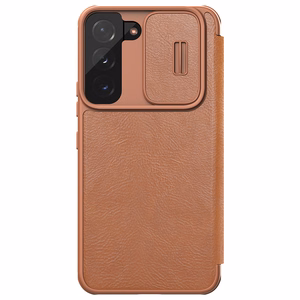 Nillkin Qin Nahka Pro Case Kotelo Samsung Galaxy S22+ (S22 Plus) Kamera Protector Holster Cover Flip Case Ruskea