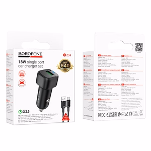Borofone BZ34 Cloud -autolaturi - USB - QC 3.0 18W ja USB - Type C -kaapeli, musta