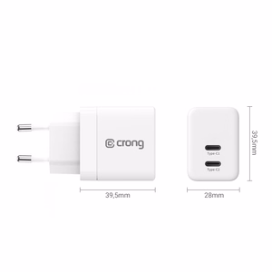 Crong Ultra Compact GaN -seinälaturi, 2 × USB-C, 35 W, PD 3.0, PPS, valkoinen