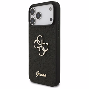 Guess PU Fixed Glitter 4G Metal Logo -kuori Apple iPhone 18 Pro Max -puhelimelle, musta