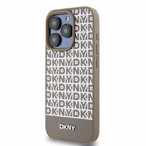 DKNY Nahkainen Painettu Kuvio Metallinen Logo MagSafe Suojakuori iPhone 15 Pro:lle - ruskea