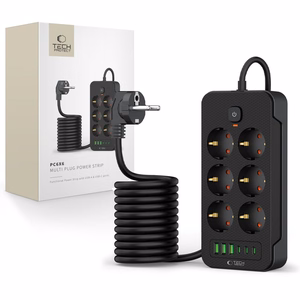 Tech-Protect PC6X6 Jatkojohto 6 Pistoketta 240V + 3xUSB-A + 3xUSB-C 200cm Musta