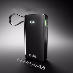 Powerbank SBS 10000 mAh 20W sisäänrakennetulla USB-C-kaapelilla ja digitaalisella näytöllä - musta