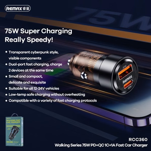 Remax auton laturi RCC360 75W USB-C/USB-A musta