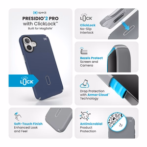 Speck Presidio2 Pro -suojakuori MagSafe- ja ClickLock-tuella iPhone 16 Plus:lle, Coastal Blue/Dust Grey