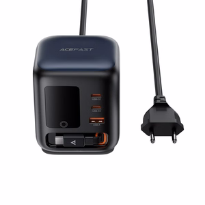 Acefast Z10 GaN 100 W 3 × USB -pöytälaturi sisäänvedettävällä USB-C-kaapelilla ja TFT-näytöllä, musta