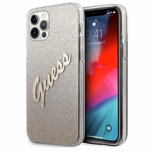 Guess GUHCP12LPCUGLSGO iPhone 12 Pro Max 6.7" kultainen/kultainen kovakotelo Glitter Gradientti Script