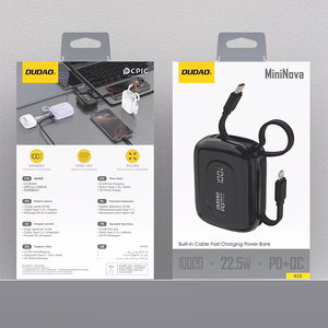 Dudao K32 22.5W 10000mAh Varavirtalähde Sisäänrakennetulla USB-C / Lightning Kaapelilla - Musta