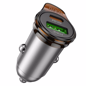 Autolaturi Hoco USB-A + USB-C QC3.0 PD 43W + USB-C - USB-C -kaapeli NZ16A metallinen harmaa