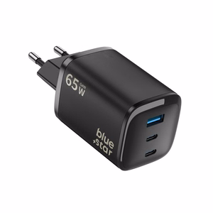 Blue Star Nano GaN VT-335 -puhelinlaturi, 2 × USB-C + USB-A, QC4.0, PD, 3 A, 65 W, musta