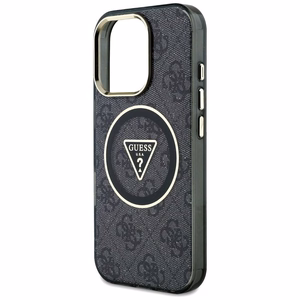 GUESS Suojakuori iPhone 16 Pro:lle MagSafe-yhteensopiva GUHMP16LHG4PRTGK (IML Metal Glitter 4G Circle Triangle) Musta