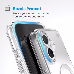 Speck Presidio Perfect-Clear -suojakuori MagSafe- ja ClickLock-tuella iPhone 16 Plus:lle, Clear/Chrome