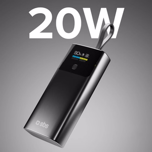 SBS 10000mAh PD 20W Powerbank LCD-näytöllä ja sisäänrakennetulla USB-C-kaapelilla - harmaa
