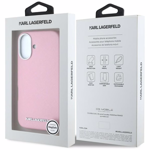 Karl Lagerfeld Saffiano Full Wrapped Elongated Metal Logo MagSafe iPhone 16 Suojakuori - vaaleanpunainen