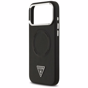 Guess MagSafe PU Nahkainen Suojakuori Triangle Logo -logolla ja hopeisella metallikamerakehyksellä iPhone 17 Pro:lle - Musta