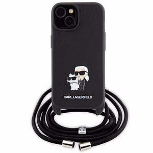 Karl Lagerfeld Crossbody Saffiano Metal Pin Karl & Choupette Suojakuori iPhone 15:lle - musta