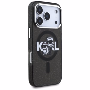Karl Lagerfeld suojakuori Magsafe IML glitter metallisella kamerakehyksellä ja -näppäimillä Karl and Choupette sketch -logolla iPhone 17 Pro:lle musta