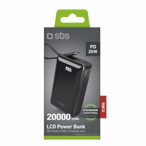 Powerbank SBS 20000 mAh 20W, jossa on sisäänrakennettu USB-C-kaapeli ja digitaalinen näyttö - musta