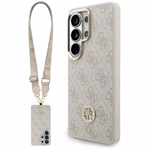 Guess 4G Big Rhinestone Triangle Strap MagSafe -suojakuori Samsung Galaxy S26 Ultralle vaaleanpunainen