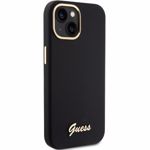 Guess Silikoninen Script Metal Logo & Frame Suojakuori iPhone 15:lle - musta