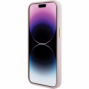 Guess Silicone Script Metal Logo & Frame suojakuori iPhone 15:lle - vaaleanpunainen