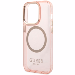 Guess GUHMP14XHTCMP vaaleanpunainen kova suojakuori iPhone 14 Pro Max 6.7 kultareunuksinen läpikuultava MagSafe