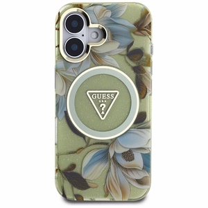 Guess suojakuori iPhone 16:lle MagSafe-tuella GUHMP16SHFLPEDN (IML Metal Glitter Flowers Triangle) - vihreä