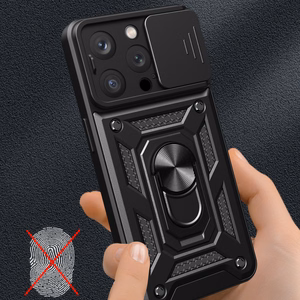 Hybrid Armor Camshield Suojakuori jalustalla ja kamerasuojalla iPhone 15 Pro:lle - vaaleanpunainen