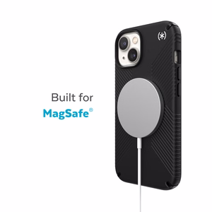 Speck Presidio2 Grip MagSafe suojakuori iPhone 14 Plus -laitteelle, pitävällä liukuestepinnalla, Black / Black / White -väriyhdistelmä