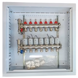 HiSmart HT260423 7-loop underfloor heating manifold set with NC 230 V thermal actuators and flow meters