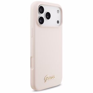 vaaleanpunainen Guess Silicone Script Metal Logo MagSafe -suojakuori Iphone 18 Pro Max / iPhone 17 Pro Max -laitteille