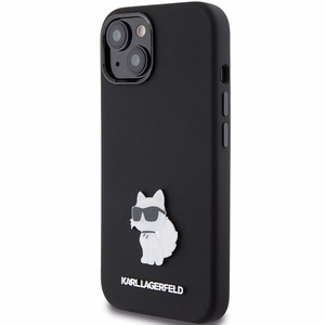 Karl Lagerfeld Silikoninen Choupette Metal Pin Suojakuori iPhone 15 Plus / 14 Pluslle - musta