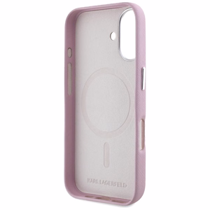 Karl Lagerfeld Saffiano Full Wrapped Elongated Metal Logo MagSafe iPhone 16 Suojakuori - vaaleanpunainen