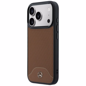 Mercedes-nahkainen MagSafe-suojakuori puuefektillä ja Curve-ominaisuudella iPhone 17 Pro -mallille, ruskea