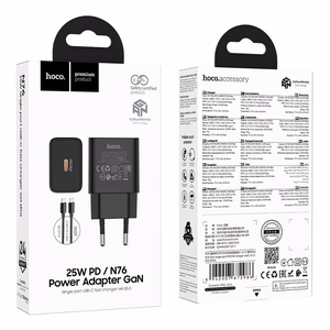 Puhelimen laturi Hoco USB C QC PD 25W + kaapeli USB C–USB C N76 musta