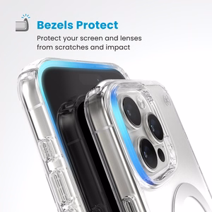 Speck Presidio Perfect-Clear -suojakuori MagSafe- ja ClickLock-tuella iPhone 16 Pro Max:lle, Clear/Chrome