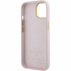 Guess Silicone Script Metal Logo & Frame suojakuori iPhone 15:lle - vaaleanpunainen