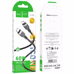 Silikonikaapeli USB-C – USB-C Hoco 3A 60W 3 m X109, musta