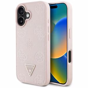 Guess Grained Hot Stamp Peony Triangle Logo MagSafe Suojakuori iPhone 16:lle - vaaleanpunainen