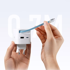 Cuktech AD653W wall power adapter 67 W GaN, 2× USB-C and USB-A, with 70 cm retractable USB-C cable – white