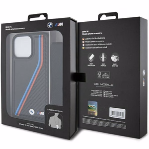BMW M Edition Carbon Tricolor Lines & Hihna Suojakuori iPhone 15 Pro Maxille - musta