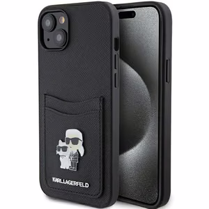 Karl Lagerfeld Saffiano Cardslot Karl&Choupette Metal Pin suojakuori iPhone 15:lle - musta