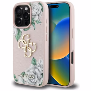 Guess Grained Roses Big 4G logo Suojakuori iPhone 16 Pro Max:lle - vaaleanpunainen