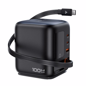 Acefast Z10 GaN 100 W 3 × USB -pöytälaturi sisäänvedettävällä USB-C-kaapelilla ja TFT-näytöllä, musta