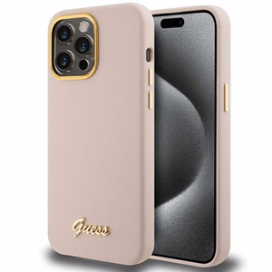 Guess Suojakuori iPhone 15 Pro 6,1 GUHCP15LSMBSLP vaaleanpunainen HC SILICONE SCRIPT METAL LOGO & FRAME