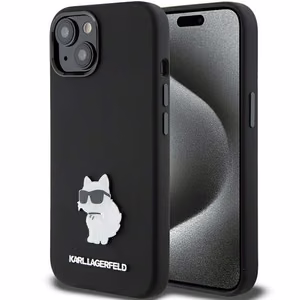 Karl Lagerfeld Silikoninen Choupette Metal Pin Suojakuori iPhone 15 Plus / 14 Pluslle - musta