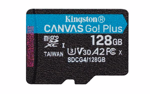 Kingston muistikortti 128GB microSDXC Canvas Go Plus Gen4 200MB/s A2 U3 V30 + sovitin