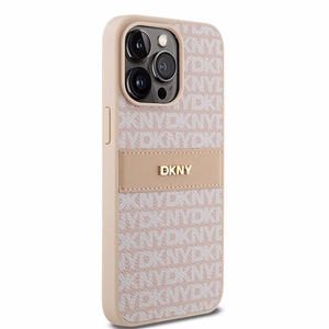 DKNY Nahkainen Mono Raita ja Metallinen Logo Suojakuori iPhone 15 Pro Max:lle - vaaleanpunainen